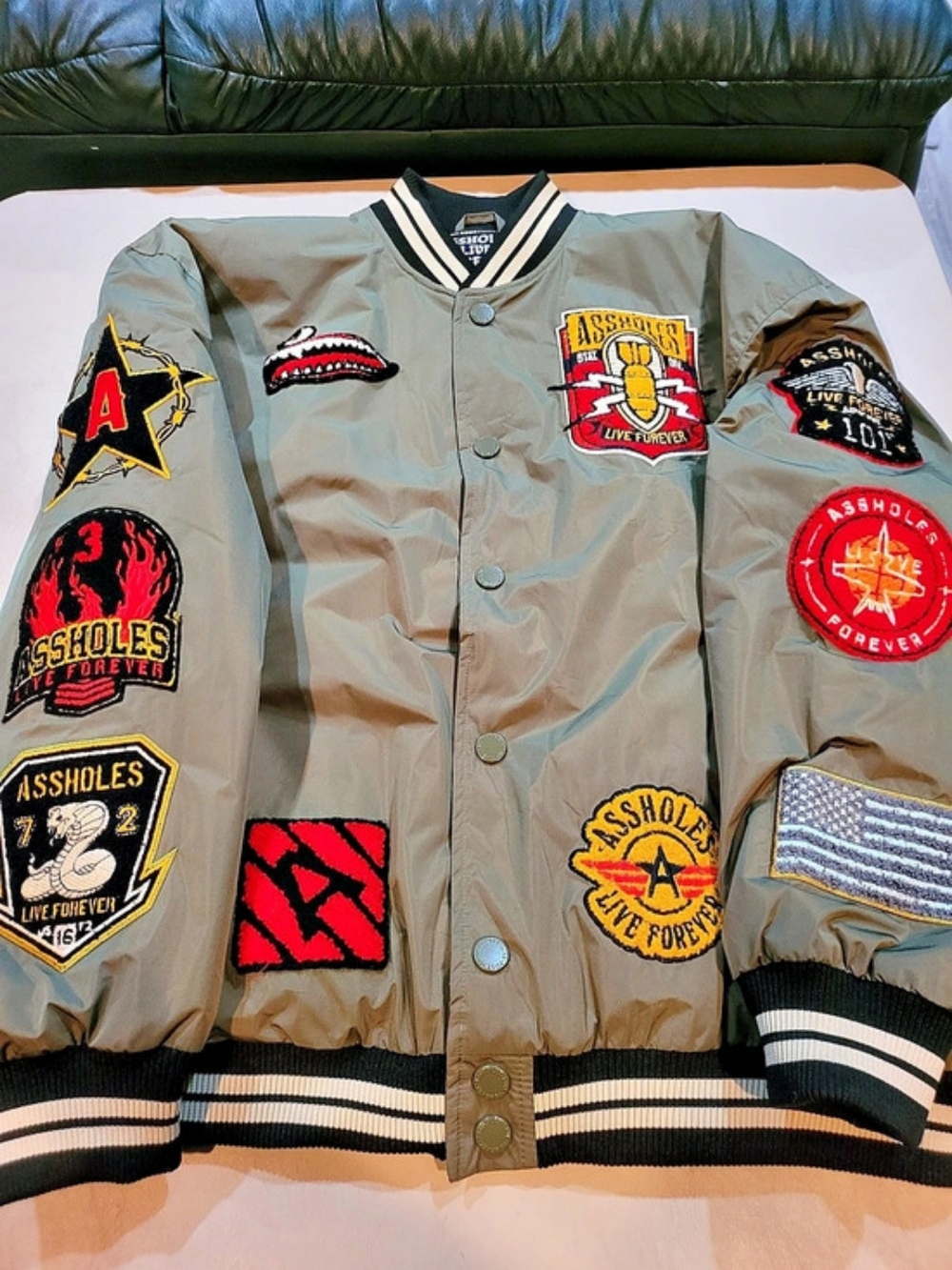 Assholes Live Forever ALF Chenille Patched Jacket Green & Black Large